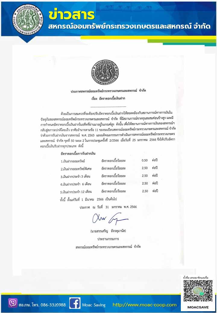อัตราดอกเบี้ยเงินฝาก 31 มกราคม 2566