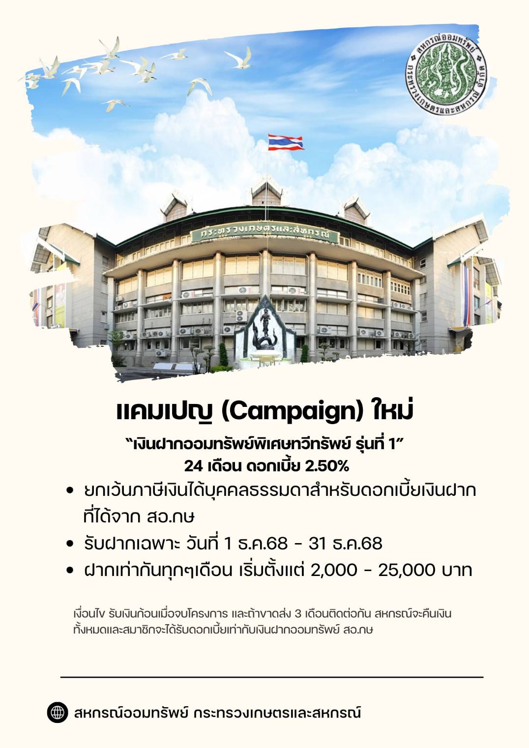 ประกาศ สอ.กษ. เรื่อง เงินฝากออมทรัพย์พิเศษทวีทรัพย์ รุ่นที่ 1 (24 เดือน)