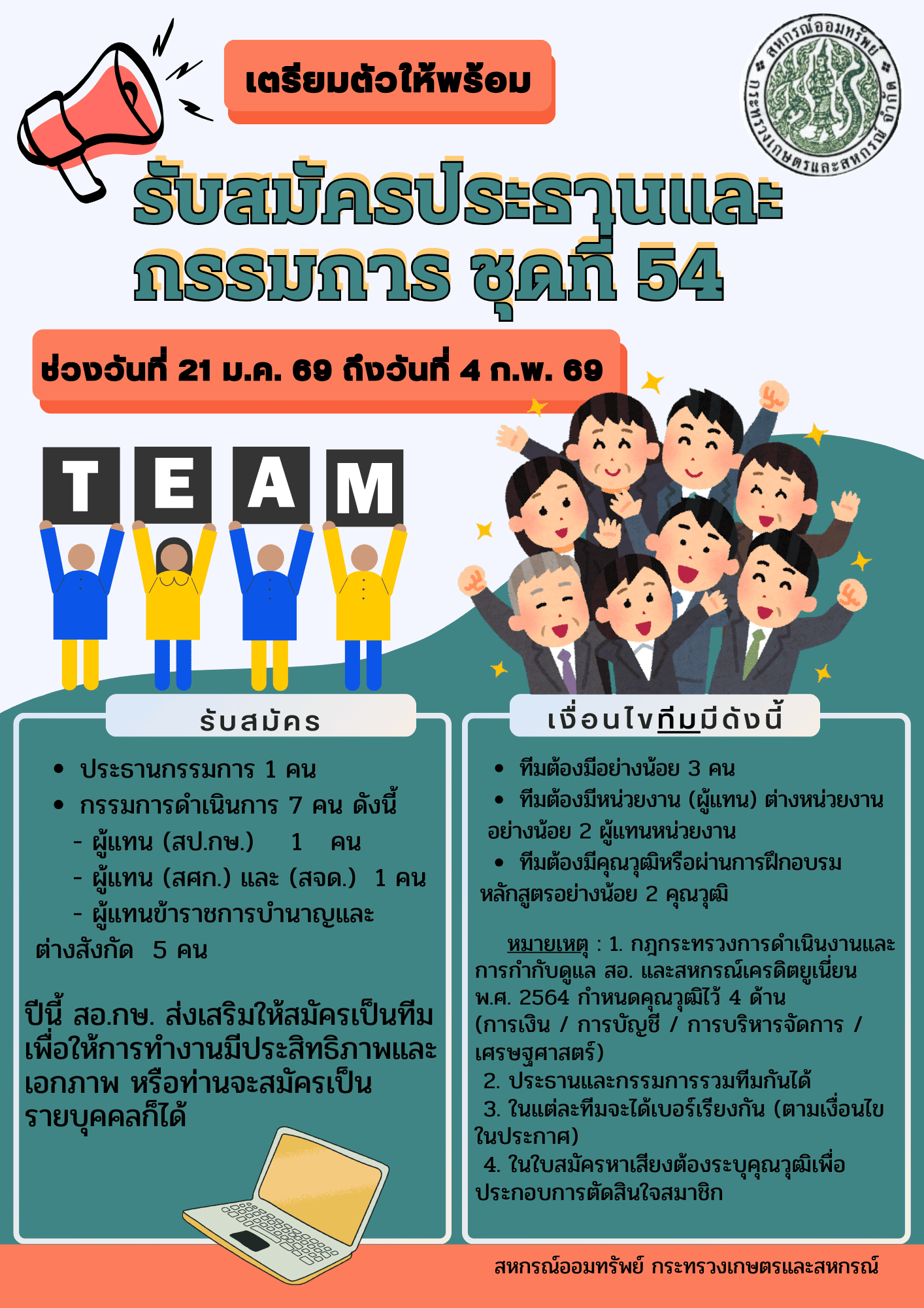 เตรียมตัวเปิดรับสมัครประธานและคณะกรรมการดำเนินการสหกรณ์ฯ ชุดที่ 54 ตั้งแต่วันที่ 21 มกราคม ถึงวันที่ 4 กุมภาพันธ์ 2569