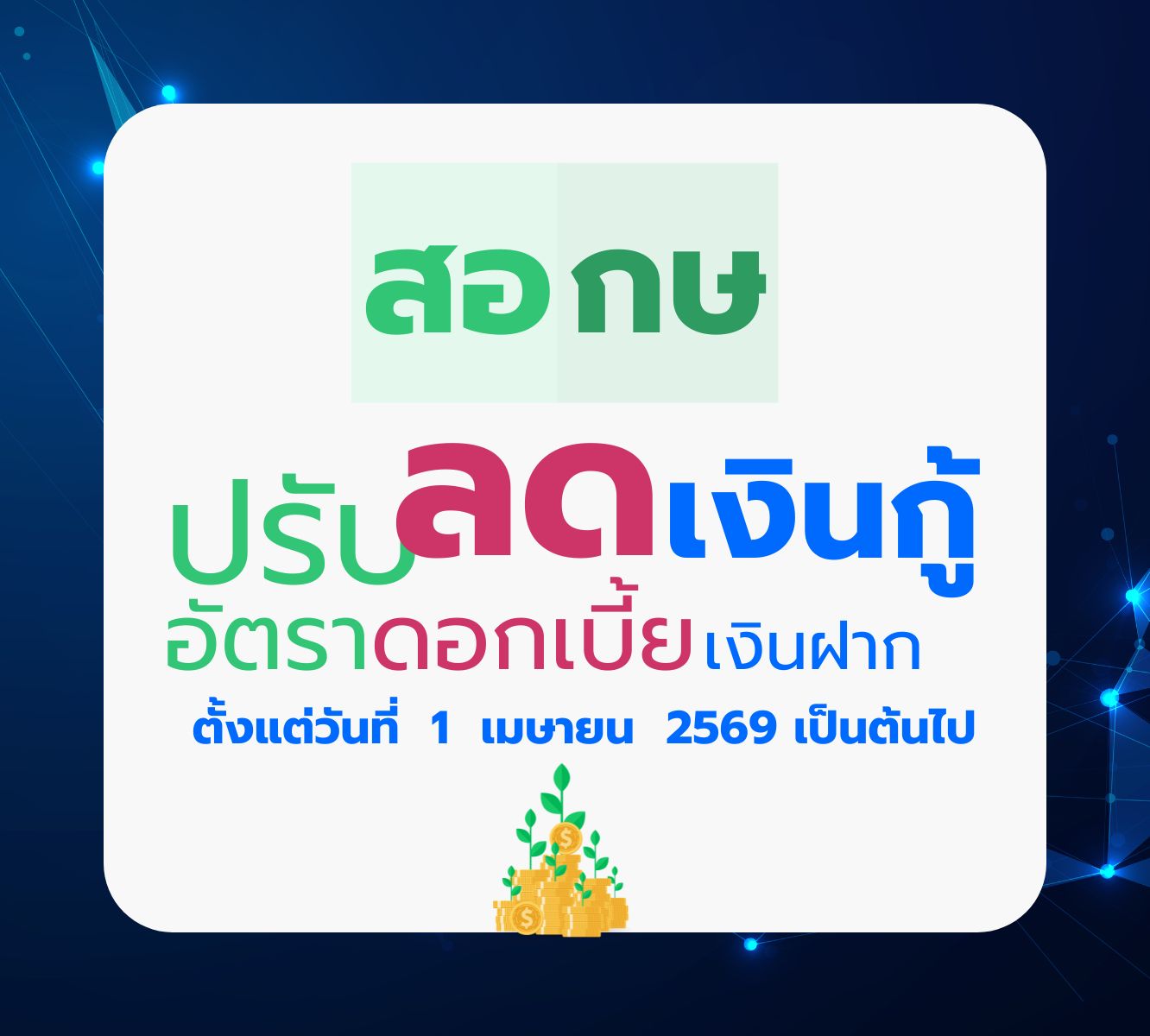 ประกาศ สอ.กษ. เรื่อง ปรับลดอัตราดอกเบี้ยเงินกู้และเงินฝาก ตั้งแต่วันที่ 1 เมษายน 2569